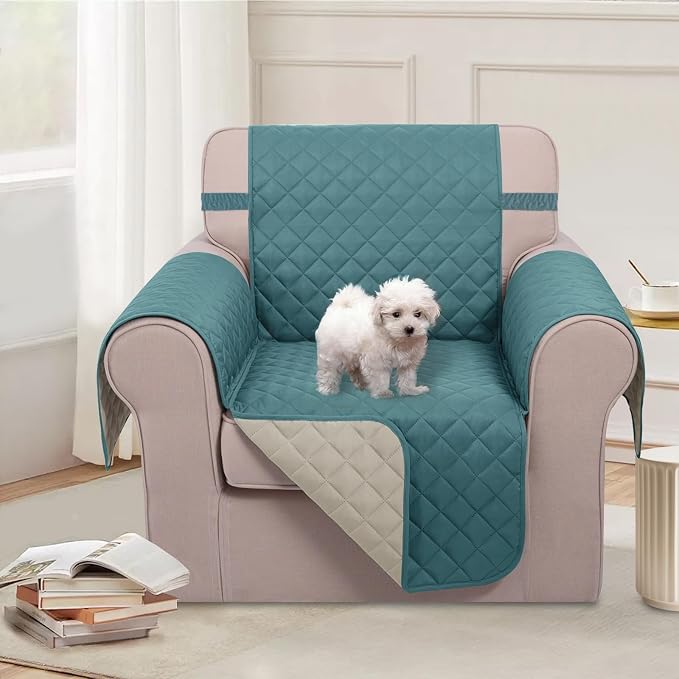 U-NICE HOME Reversible Recliner Chair Covers, Blue/Beige | 23''Armchair Cover for dogs Washable, Pet Friendly, Elastic Straps, Water Repellent, Diamond Quilted - Image 2