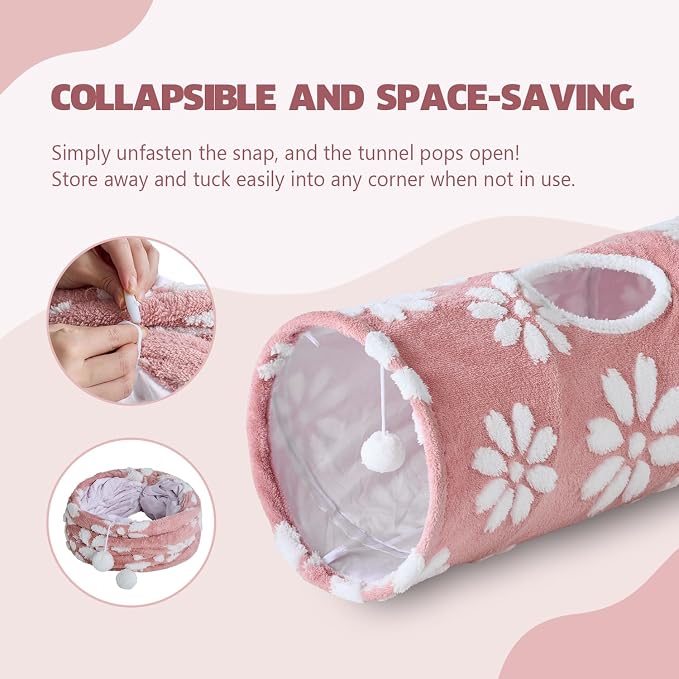 Straight Cat Tunnel for Indoor Cats 47"x12", Pink Flower | Cute Cat Toys, Collapsible Tunnel Tube with Hanging Balls for Puppy Kitten Rabbit - Image 6