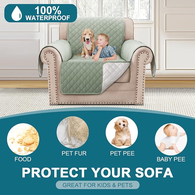 Turquoize 100% Waterproof Sofa Covers Chair Cover Slipcover Couch Protector Triple Non-Slip Sofa Slipcover for 1 Cushion Furniture Protector for Pets, Kids,Dog (Chair 23", Sage) - Image 2