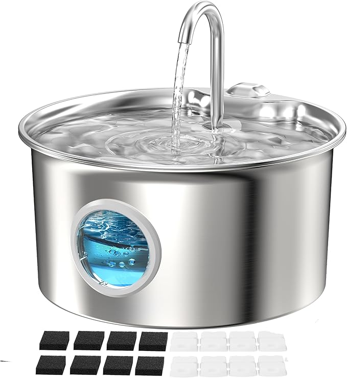 Pet Water Fountain Stainless Steel: Mental Cat Water Fountains with 8 Filters + 8 Sponges - 88oz/2.6L Noiseless Cats Waterer Bowl Dispenser - ATMZIQXR Kitten Drinking Fountains for Cats Indoor by ATMZIQXR