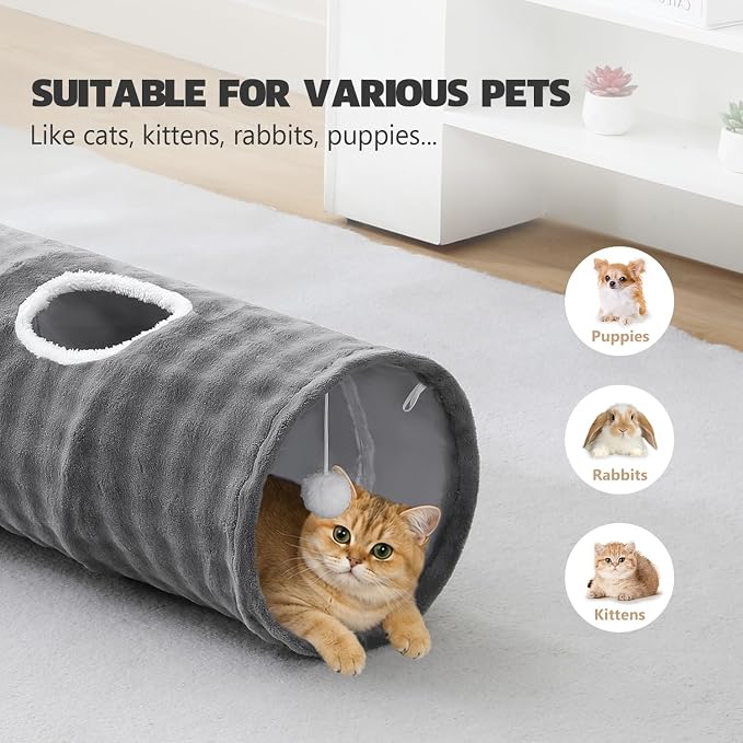 Straight Bubble Cat Tunnel for Indoor Cats 47"x12", Grey | Cute Cat Toys, Collapsible Tunnel Tube with Hanging Balls for Puppy Kitten Rabbit - Image 3
