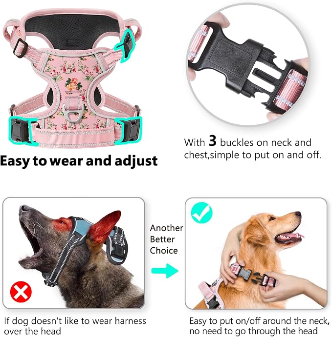 Timos Small Dog Harness, No Pull No Choke, Easy On & Off, Flower Pink, XS | Adjustable Reflective Soft Padded, Neck Quick Release with 3 Buckles, Front & Back 2 Clips and Handle for Walking Training - Image 2