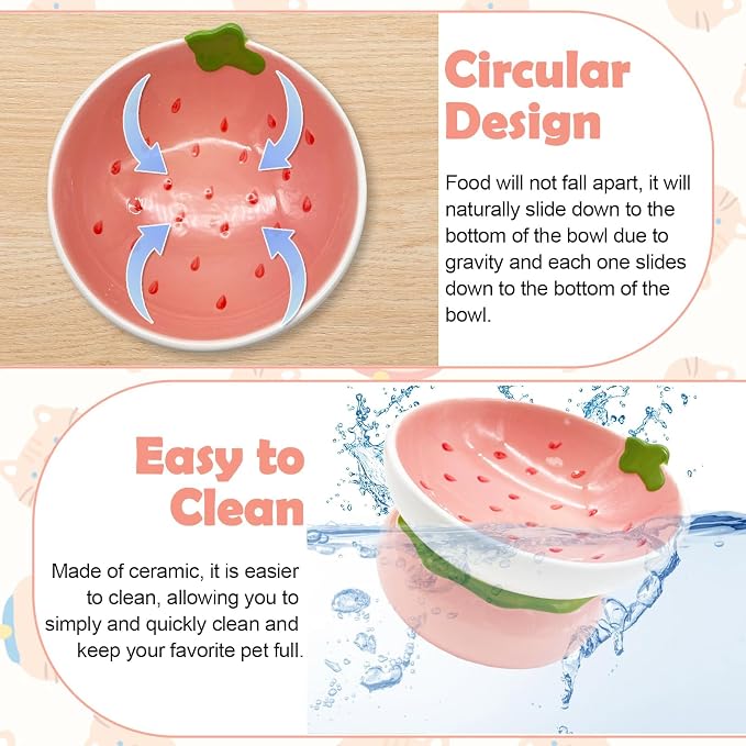 Hamiledyi Ceramic Raised Cat Bowls 15° Tilted Elevated Kitten Food Water Bowl Shallow Whisker Fatigue Kitty Dish Fruit Pet Feeding Bowls Feeder for Indoor Cats Small Dog (Pink Strawberry) - Image 3