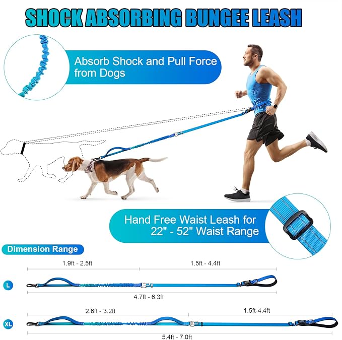 Heavy Duty Hands Free Dog Leash, 5-7 FT Reflective Adjustable Waist Dog Leash Belt with Padded Handles, Shock Absorbing Bungee and Car Seat Belt for Large Medium Dogs (Gradient Cobalt, XL) - Image 5