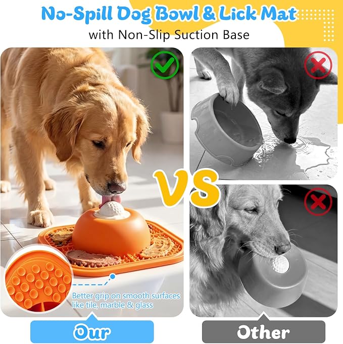 Slow Feeder Dog Bowls & Lick Mat for Liquid and Thick Treat, Anti-Slip Dog Lick Bowl with Interactive Rolling Ball, 5/6 Cup Pup Licking Toy for Large Medium Small Dogs and Cats-Large Orange - Image 5