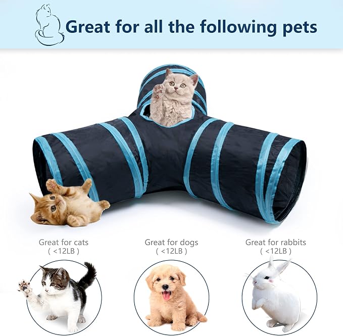 3 Way Cat Tunnel Collapsible Fun Pet Play Tube Toys for Cats, Kittens, Puppies & Rabbits - Portable Tunnel with Hanging Ball for Indoor Play, Hideout & Exercise - Image 4