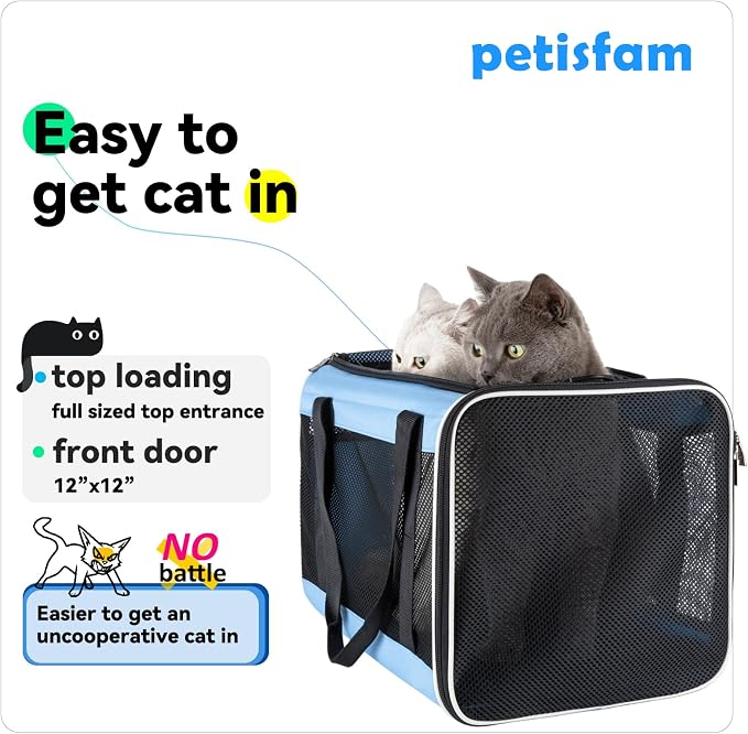 Soft Pet Carrier for Large and Medium Cats, 2 Kitties, Small Dogs. Easy to Get Cat in, Great for Cats that Don't Like Carriers (Blue) - Image 2