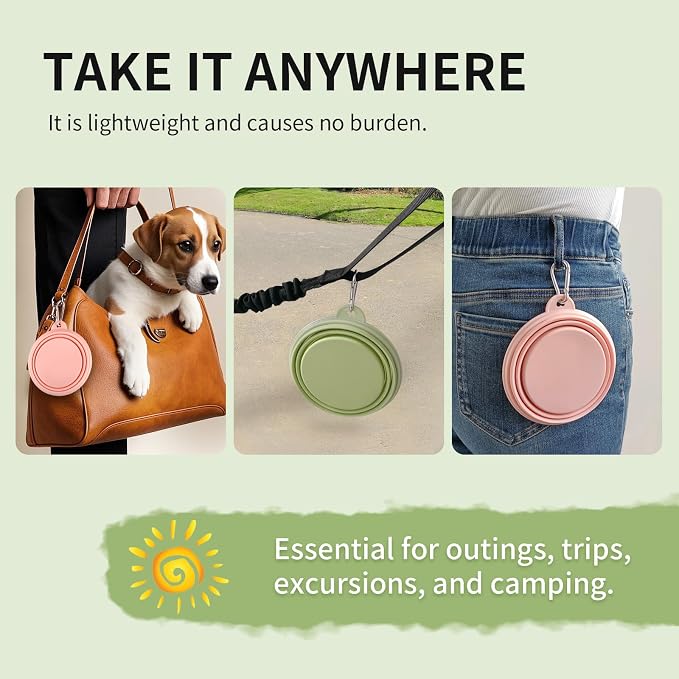 Collapsible Dog Bowls 2-Pack, Portable Travel Dog Bowl with Carabiner, Food-Grade Silicone Pet Bowl for Hiking, Walking (Macaron Pink and Green) - Image 5