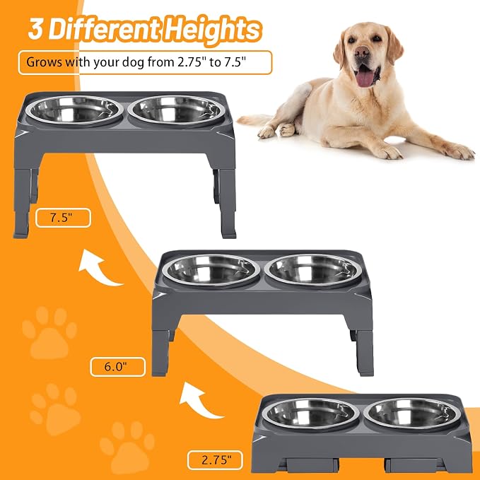 Hubulk Elevated Dog Bowls with 2 Stainless Steel Dog Food & Water Raised Bowls with No Spill Edge Non-Slip Stand Adjusts to 3 Heights(2.75", 6.0", 7.5") for Small Medium Dogs and Pet - Image 2