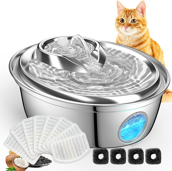 ORSDA Cat Water Fountain Stainless Steel 67oz/2L, Automatic Pet Drinking Fountain with Water Level Window, Dog Water Bowl for Cats and Small Dogs- 8 Filters +4 Pump Sponges (D36) by ORSDA