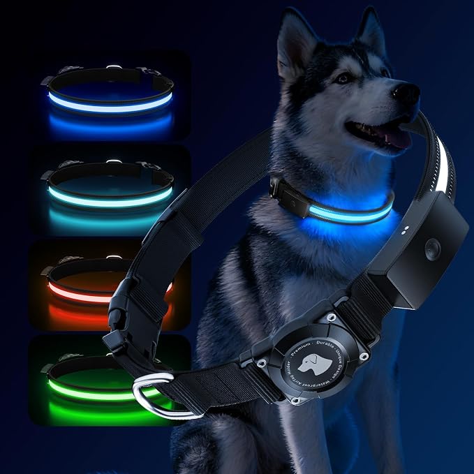 LED AirTag Dog Collar - Brightest Light Up Dog Collars, Black L | IP68 Waterproof Air Tag Dog Collar Holder, 1,600 Feet of High Visibility, Magnetic Charging, Dog Lights for Night Walking by Unknown