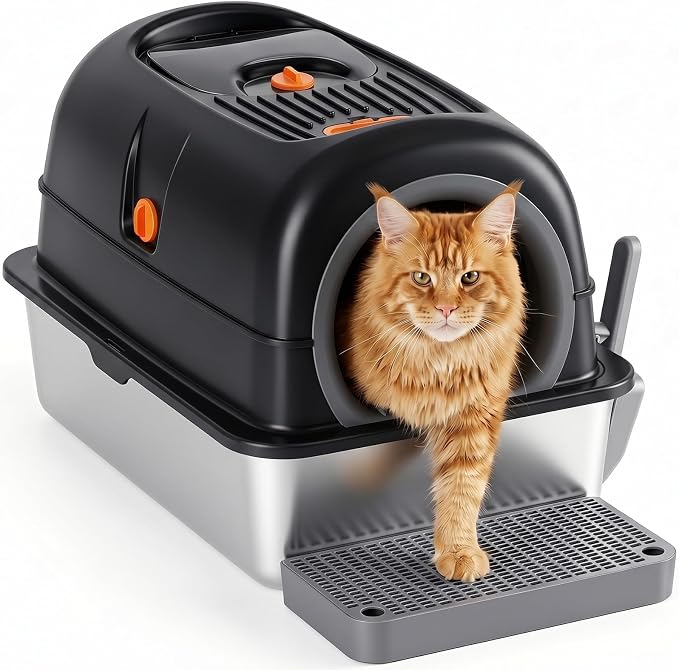 OLIXIS Stainless Steel Enclosed Litter Box with Lid, High Sided | Cat Litter Pan for Big Cats, Extra Large Cat Box with Scoop & Mat, Front & Top Entry, Easy Cleaning, Black by OLIXIS
