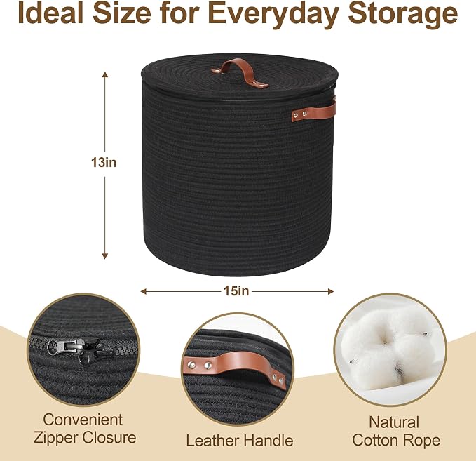Storage Basket with Lid, 15"x13" Round Woven Blanket Storage for Living Room, Decorative Cotton Rope Hamper with Zipper Top, Black Laundry Basket with Lid, Floor Covered Kids Dog Toy Bin Box - Image 2