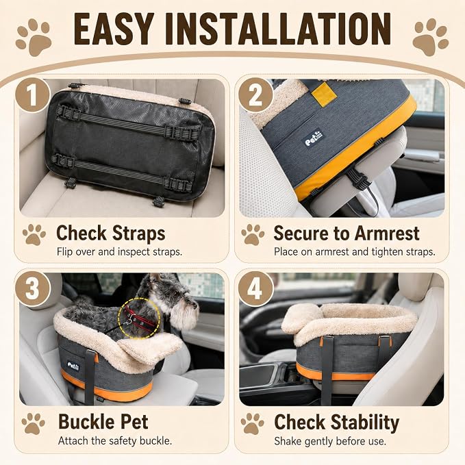 Pet Car Center Console Elevated Armrest Car Seat for Small Puppy, Dogs & Cats (Up to 10 lbs) – Dark Gray Washable Plush Carrier with Safety Leash, Fits Front Vehicle Console Space (Dark Grey) - Image 6