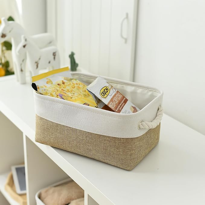 TheWarmHome Storage Basket for Organizing - 1 Pack 12x8x5.2 inch Baskets for Gifts Empty with Handles, Fabric Storage Cubes for Organizer Closet Dog Gift Cloth Toy (Whiet & Khaki) - Image 6