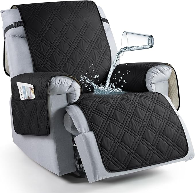 TAOCOCO Waterproof Recliner Chair Covers 30 Inch Wide, Oversized Recliner Covers for Recliner Chair with Pocket, Recliner Slipcovers with Straps Furniture Protector for Kids Pets (30'', Black) by TAOCOCO