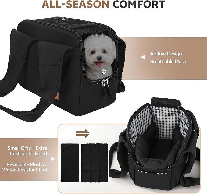 Dog Purse Carrier for Small Dogs and Cats, Soft-Sided Pet Tote Bag with 6 Large Pockets, Collapsible Travel Puppy Carrier with Small Cushion, Fits Pets up to 6 lbs (Black, 13.6" L x 6.6" W x 10" H) - Image 3