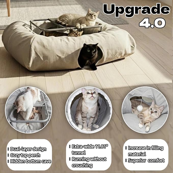 XXL 2-Tier Cat Tunnel & Hammock Bed, Scratch-Proof Linen, for All Cats Toys | XxingSheep 4 Cave Premium Hemp Fabric Cat Tunnel Bed for Indoor Cats Toys Cave Donut with Soft Mat & Toys - Image 2