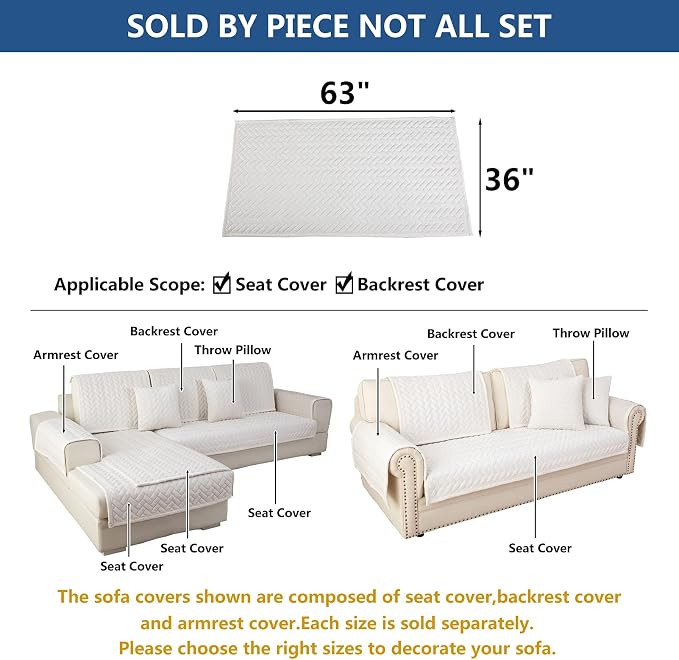 Eismodra Couch Cover,Sectional Couch Covers,Sofa Covers for 3 Cushion Couch,Anti-Slip Sofa Slipcovers for Dogs Cats Kids Loveseat Recliner L Shaped Armrest Backrest,White 36''x63''(Only 1 Piece) - Image 5