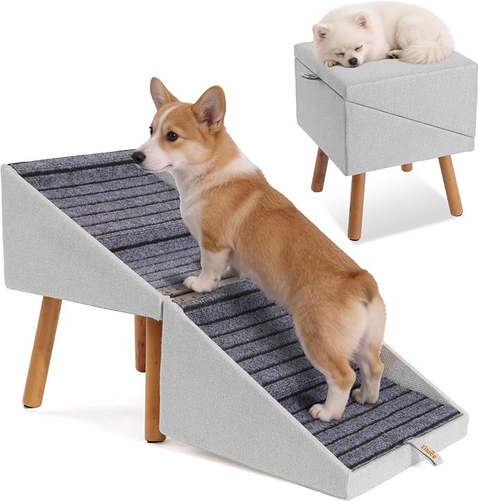 2-in-1 Dog Steps & Ottoman,17.13" H Dog ramp for Couch | Foldable Dog ramp for Small dogs, Non-Slip Wooden Pet ramp for Puppy Senior Injured Dogs (Light Grey) by Ziluce