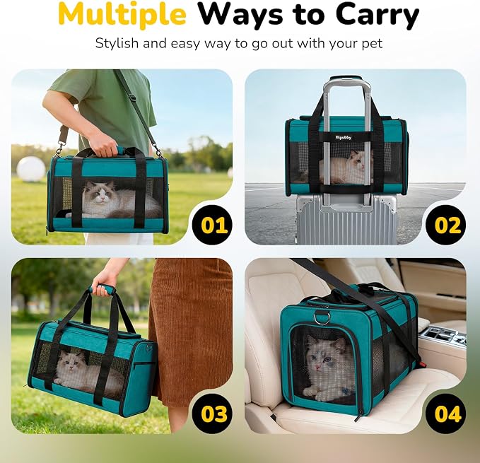 Hipubby Cat Carrier Dog Carrier for Pets Up to 16 Lbs, Soft-Sided Pet Travel Carrier for Cats and Small Dogs, Airline Approved Pet Carrying Case with Shoulder Strap & Removable Mat - Blue - Image 7