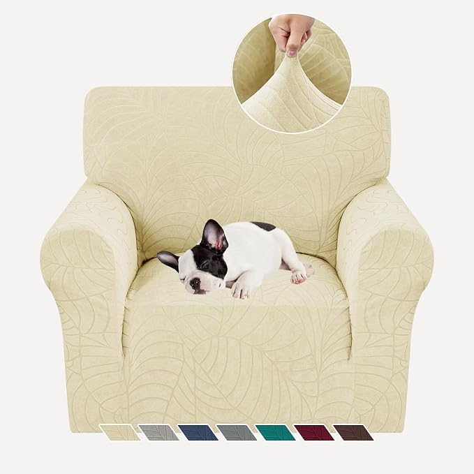 YEMYHOM Couch Cover Latest Jacquard Design High Stretch Sofa Chair Covers for Living Room, Pet Dog Cat Proof Armchair Slipcover Non Slip Magic Elastic Furniture Protector (Small, Begonia Leaf Beige) by YEMYHOM