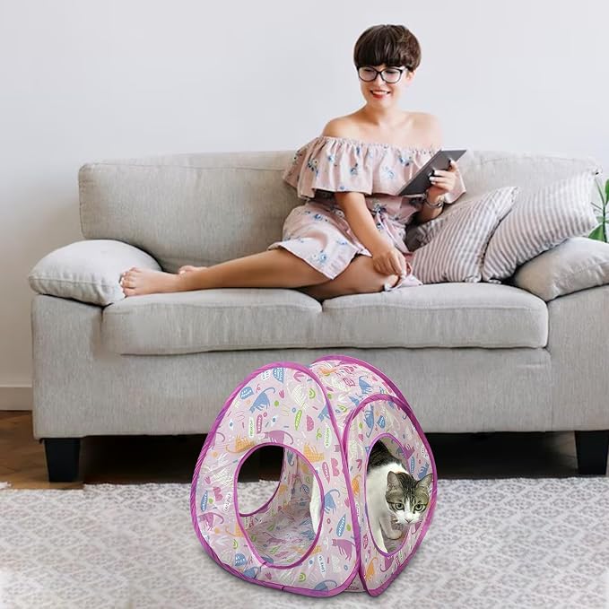 Andiker Cat Tent, 3 Holes Safe and Strong Cute Cats Tunnel Collapsible Easy to Carry Cat House for Indoor Cats Kittens Hiding Playing Training Sleeping(Tent Pink) - Image 5