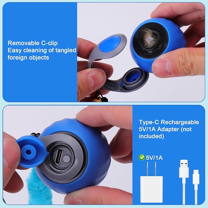 BABORUI 2Pack Blue Interactive Cat Toy Ball - Automatic Interactive Cat Toys for Indoor Cats with 3 Tails, 2 Speeds Rechargeable Enrichment for Small/Medium/Large to Keep Them Busy - Image 7