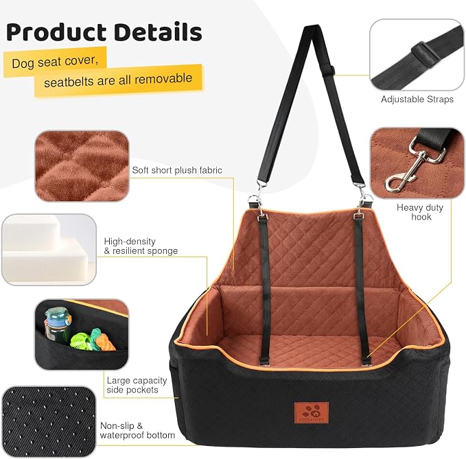 XIEEAOZEE Dog Car Seat for Large/Medium Pet Under 55Lbs or 2 Small Dogs | Detachable and Washable Booster Dog Seat Travel Pet Seat with Thick Cushion & Storage Pockets - Image 4