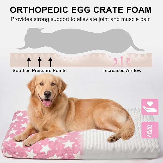 Orthopedic Dog Bed for Large Dogs, Washable Dog Mat with Removable Zippered Cover, Non-Slip Bottom, Comfort Crate Bed (Big&Little Stars Pink, L(35"*23"*3.1")) - Image 3