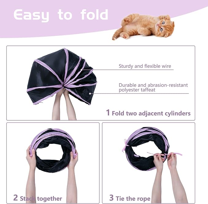 Sheldamy Cat Tunnel, S-2-Way Cat Tunnels for Indoor Cats, Collapsible Cat Play Tunnel, Interactive Toy Maze Cat House with 1 Play Ball for Cats, Puppy, Kitty, Kitten, Rabbit (Pink & Black) - Image 4