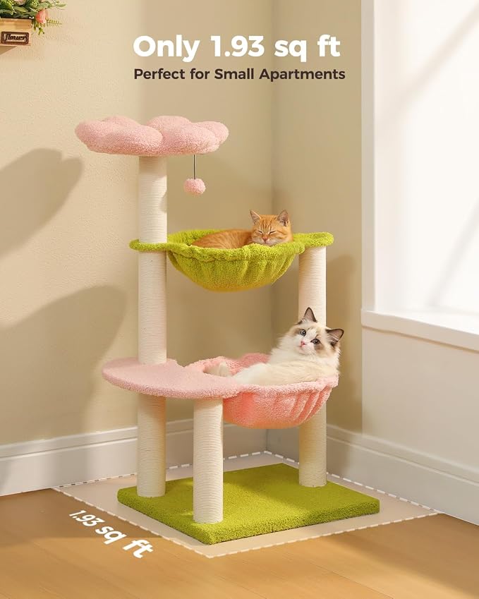 37.4" Flower Cat Tree with 2 Hammocks & 6 Sisal Posts, Pink | Flower top perch, 2 spacious hammocks, 6 sisal posts, Cute small tower, For indoor kittens, Sturdy build - Image 6