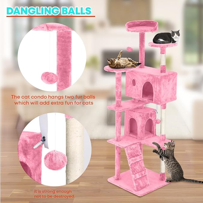 FDW | 70" Cat Tree Tower | Pink | Multi-Level Indoor Activity Center with Sisal Scratching Posts, Condos, Plush Perches, Hanging Cat Toys | Sturdy, Easy to Assemble | for Kittens & Adult Cats - Image 3