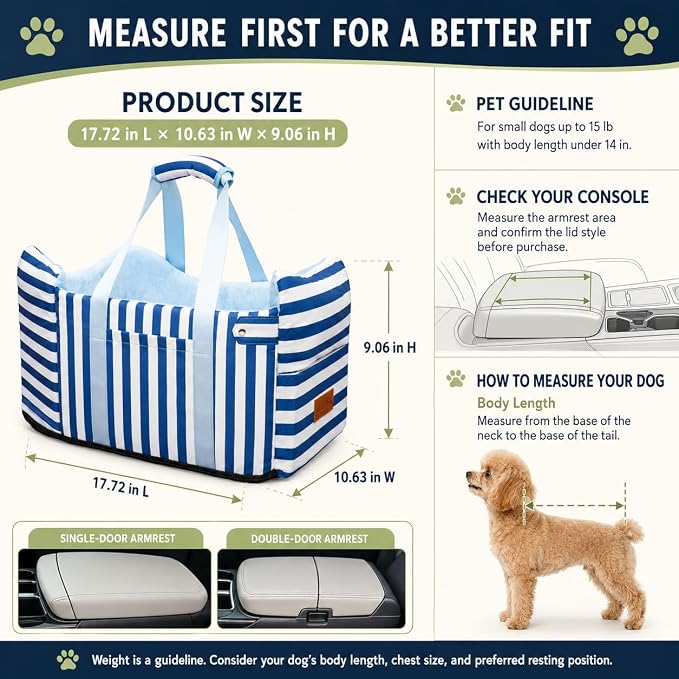 Console Dog Car Seat for Small Dogs to 15lbs (Blue& White Stripes) | Center Console Puppy Booster and Portable Travel Bed, Anti-Collapse Design with Washable Fluffy Cushion - Image 4