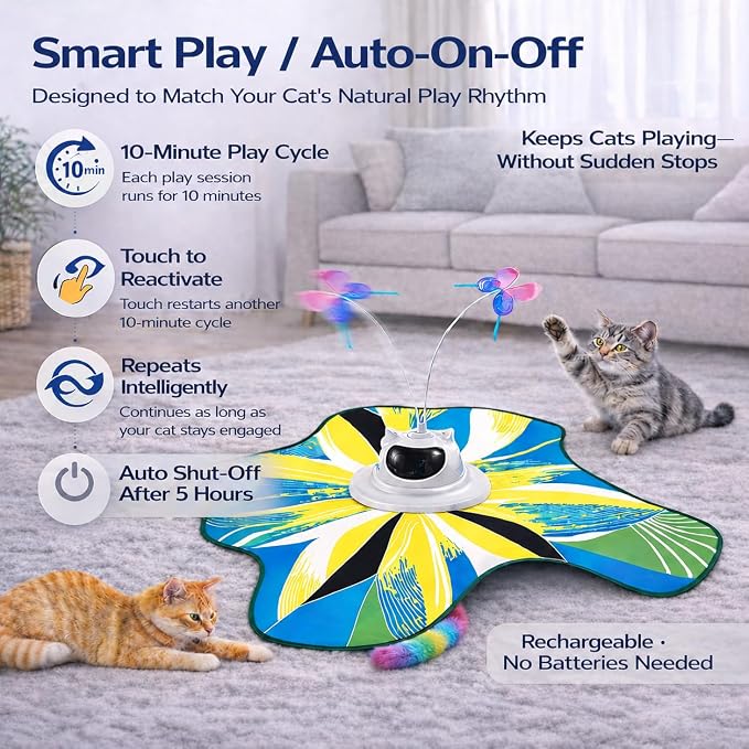 Interactive Cat Toy for Indoor Cats, Rechargeable 3-in-1 Hide and Seek Cat Toy with Spinning Butterfly & Plush Tail, Ultra-Quiet Touch Activated Self Play Cat Exercise Toy for Adult Cats & Kittens | Touch Activated, Spinning Butterfly, Plush Tail, Ultr... - Image 3