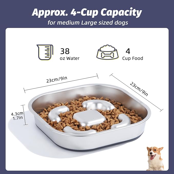 Nicelock Slow Feeder Dog Bowls 304 Stainless Steel 5 Cups, Large Capacity Dog Food Slow Feeding With Non-Slip Rubber Base, 2-in-1 Slow Feeder Metal Dog Bowl for All Breeds Size - Image 3