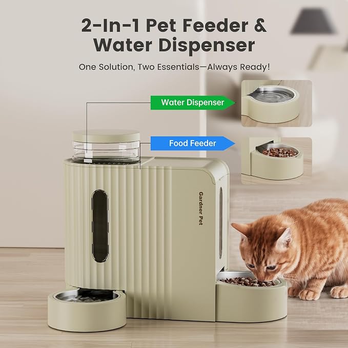 Gardner Pet Gravity Automatic 2-in-1 Pet Feeder, 0.8 Gallons*2 Cat Feeder and Water Dispenser Set, 100% BPA-Free Feeder and Stainless Steel Water Dispenser for Dogs, Cats, Rabbits, Puppies (Beige) - Image 2