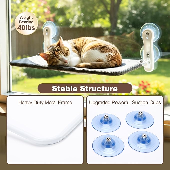 Renter Friendly Cat Shelves, Cat Window Perch Hammock Bed with 4 Suction Cups, Cordless Foldable Metal Frame & Reversible Cover, Indoor Window Hammock - Image 4