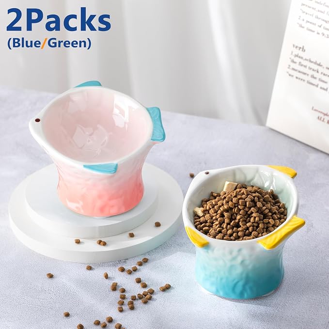 Tioncy 2 Pcs Raised Tilted Ceramic Cat Food Bowl Fish Shape Cute Elevated Slanted Shallow Angled Cat Dish Non Slip Feeder Bowl for Anti-Vomiting and Whisker Fatigue(Green, Pink) - Image 6