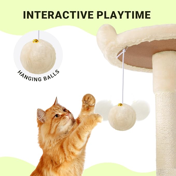 Allewie 64 Inches Multi-Level Cat Tree Tower for Indoor Cats, Beige | Activity Center for Big Felines, 2 Plush Condos, 2 Perches, Cozy Basket, House, Sisal Scratching Posts, Hanging Cat Toys - Image 5