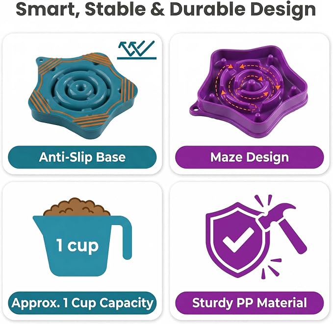 2 Pack Slow Feeder Dog Bowls, Turquoise & Purple, 1 Cup (350ml) Maze Puzzle Bowl for Puppies & Small Dogs, Slow Eating, Anti-Choking, Aid Digestion, Non-Slip, BPA-Free, Dishwasher Safe - Image 5