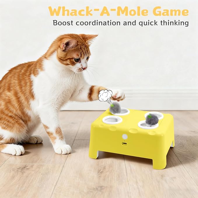 Interactive Cat Feather Toy Cheese Box 3in1 Whack a Mole | 3 Play Modes, Paw-Safe 4 Hole Whack-a-Mole, Anti-Slip Base, 4 Interchangeable Accessories, USB Rechargeable Auto Cat Toy - Image 6