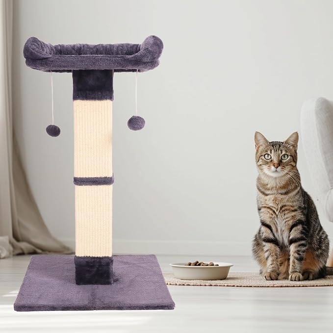 34" Cat Scratching Post for Indoor Cats, Sisal Cat Scratcher with Large Plush Perch, Vertical Posts with Elevated Bed and with Two Dangling Balls, Removable & Washable Cover, Dark Grey - Image 8