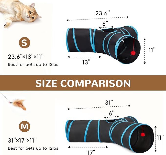 Tempcore Cat Tunnel for Indoor Cats, 3 Way Collapsible Pet Play Tunnel with Teaser Wand, Peek Holes & Hanging Ball, Interactive Tube for Kittens & Rabbits, Black & Blue Medium - Image 2