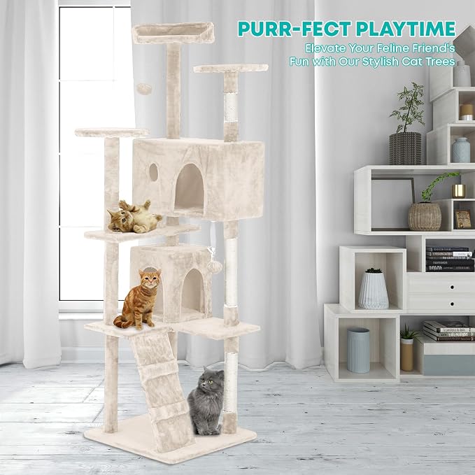 FDW | 70" Cat Tree Tower | Beige | Multi-Level Indoor Activity Center with Sisal Scratching Posts, Condos, Plush Perches, Hanging Cat Toys | Sturdy, Easy to Assemble | for Kittens & Adult Cats - Image 2
