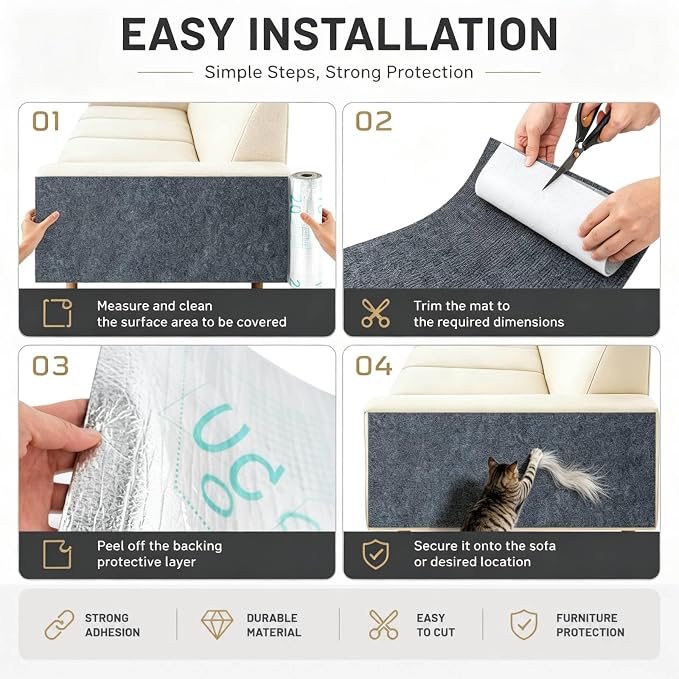 78.7"X15.8" Cat Scratch Furniture Protector, Anti Scratch Couch Protector from Cat Claws, Self-Adhesive Cat Scratching Pads, DIY Couch Cat Scratcher for Corner Sofa Wall & Door (Gray) - Image 4