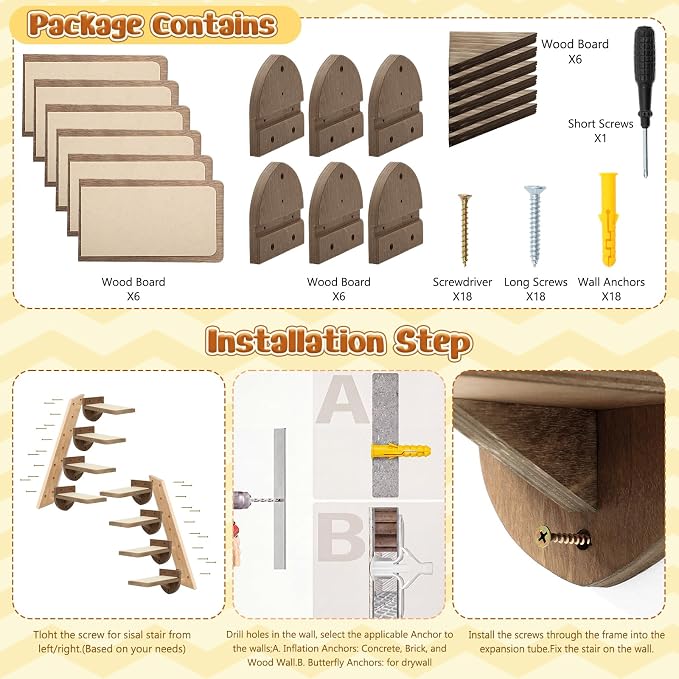 SiliFine Set of 6 Dark Brown Cat Wall Stairs, Climbing Steps, Cat Wall Shelves Perch with Fixtures and Felt 8.7"x4.7" Stairs Natural Birch Wooden | Floating Steps for Playing Climbing - Image 3