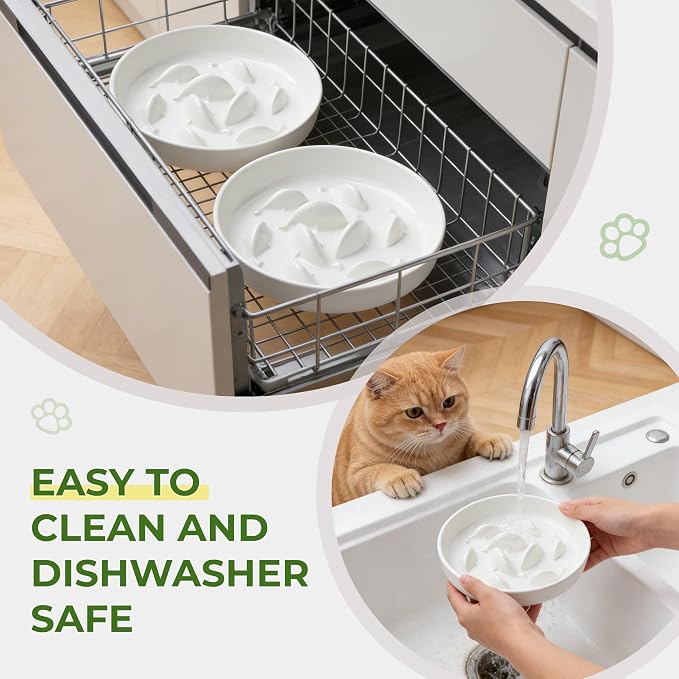 Raised Slow Feeder Cat Bowl with Stand, 6.3'' Wide Ceramic Elevated Shallow Slow Eating Cat Bowl for Dry/Wet Food, Anti-Vomiting Pet Puzzle Feeder, Whisker Friendly, Dishwasher Safe (2 Pack) | Anti-Gulping & Keep Fit, Dishwasher Safe, For Dry and Wet F... - Image 6