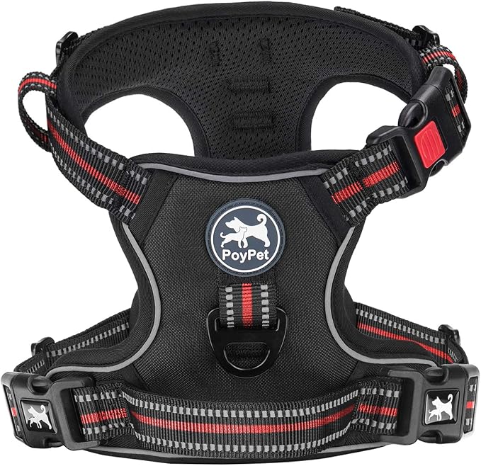 PoyPet Dog Harness Large, No Pull Vest with Front/Back Clip & Neck Buckle | No Choke, Lockable, Reflective, 2 Lead Rings, Adjustable, Soft Padded Handle for Training Walking, L, Black+Red by PoyPet