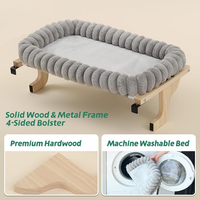 Zakkart SnugCloud Cat Window Perch with 4-Sided Bolster - Large Cat Hammock for Window Sill - Solid Hardwood & Metal Frame - Window Seat for Pets (Natural Color Wood w/Gray Bed, Large) - Image 8